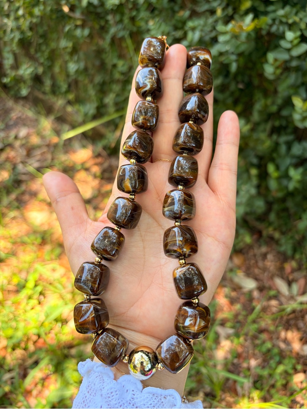 Polished Brown Bead Necklace with Gold Accent - Jewelry - Picture 5 of 6
